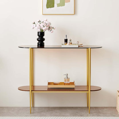 Oval Glass Console Table for Living Room, Foyer & Entrance, 2-Tiers Mid-Century Modern Sofa Table