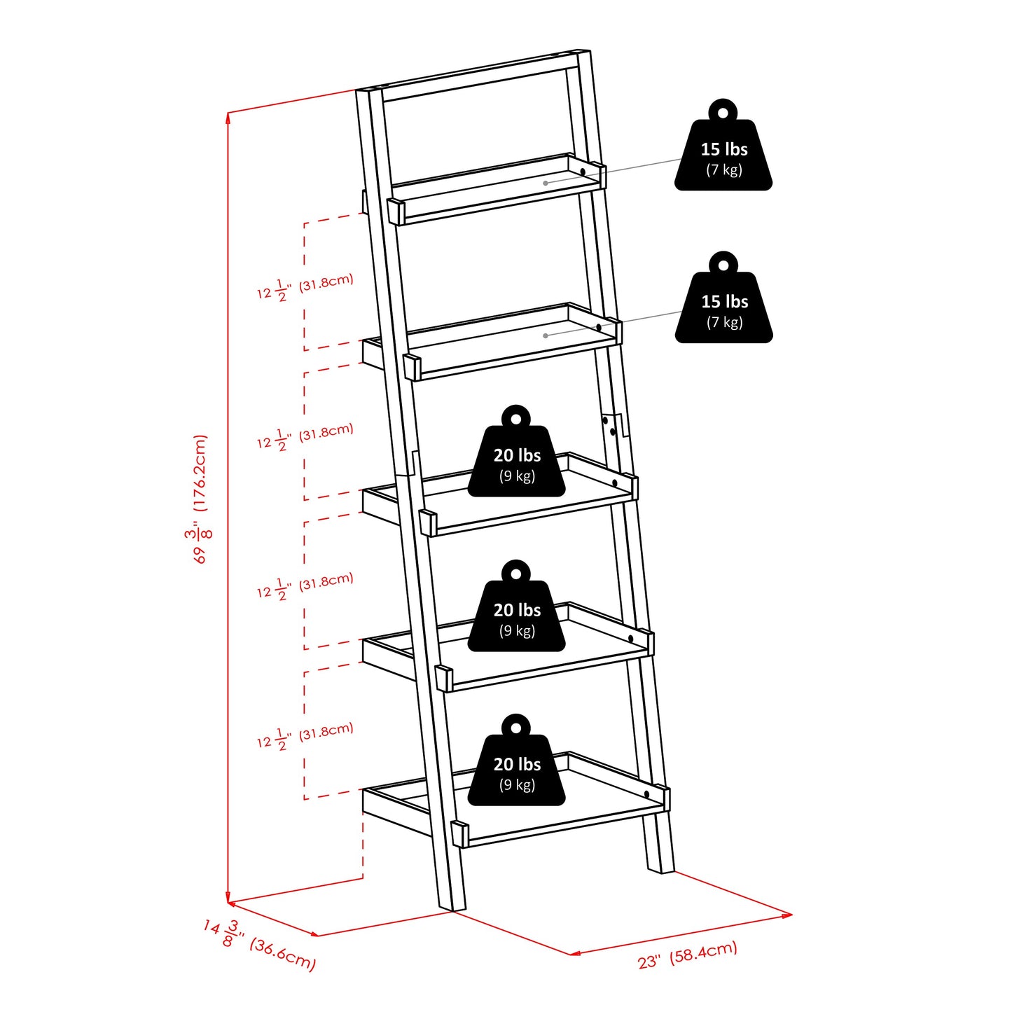 Winsome Bellamy 5-Shelf 69" H Leaning Bookcase, Black (29553)