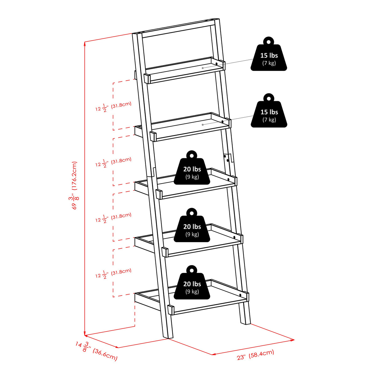 Winsome Bellamy 5-Shelf 69" H Leaning Bookcase, Black (29553)