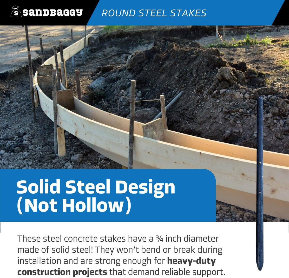 Sandbaggy Round Steel Concrete Form Stakes with Nail Holes - Rust Resistant Coating - Removable