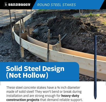 Sandbaggy Round Steel Concrete Form Stakes with Nail Holes - Rust Resistant Coating - Removable
