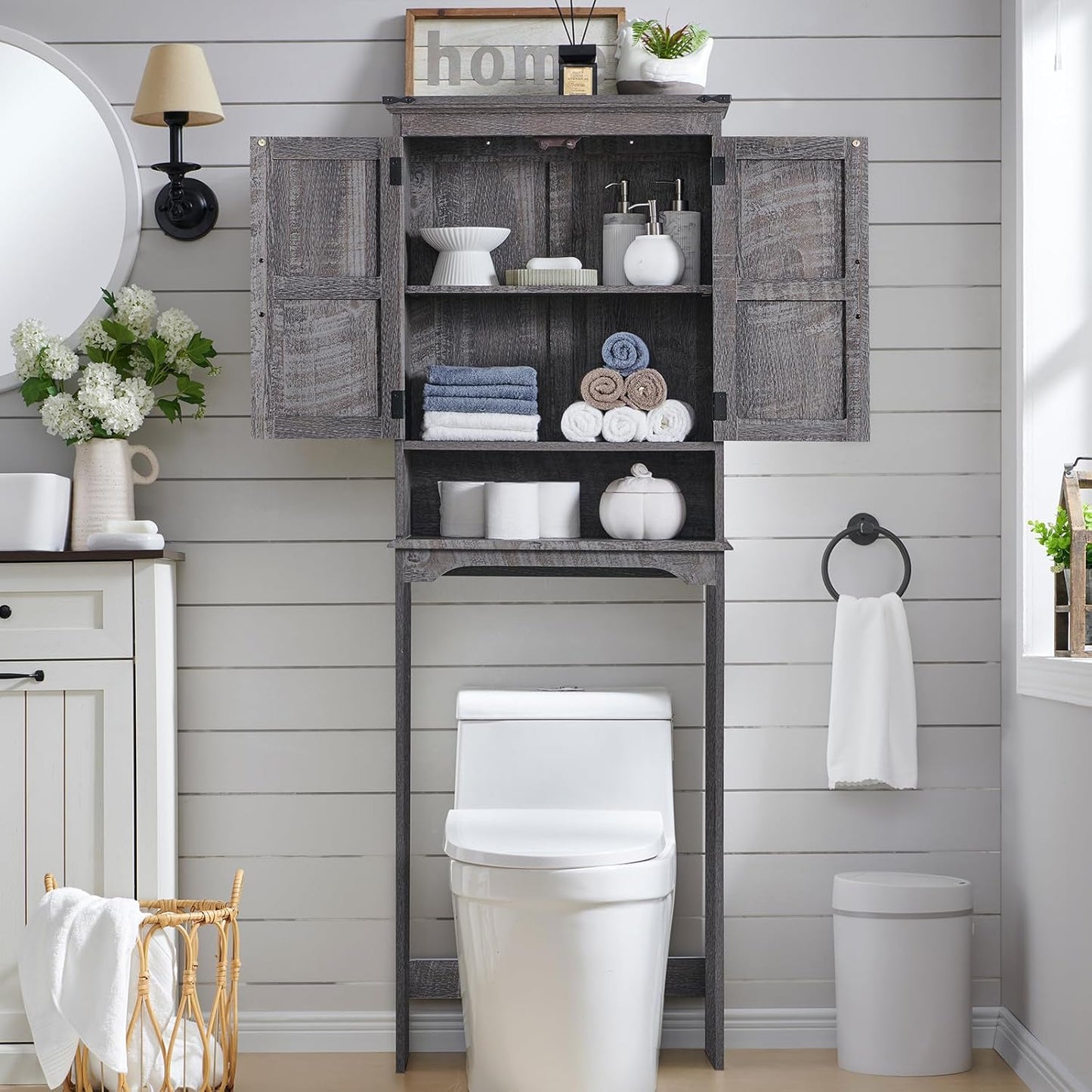 Over The Toilet Storage Cabinet, Farmhouse Bathroom Cabinet with Adjustable Shelf & Barn Door, 67"