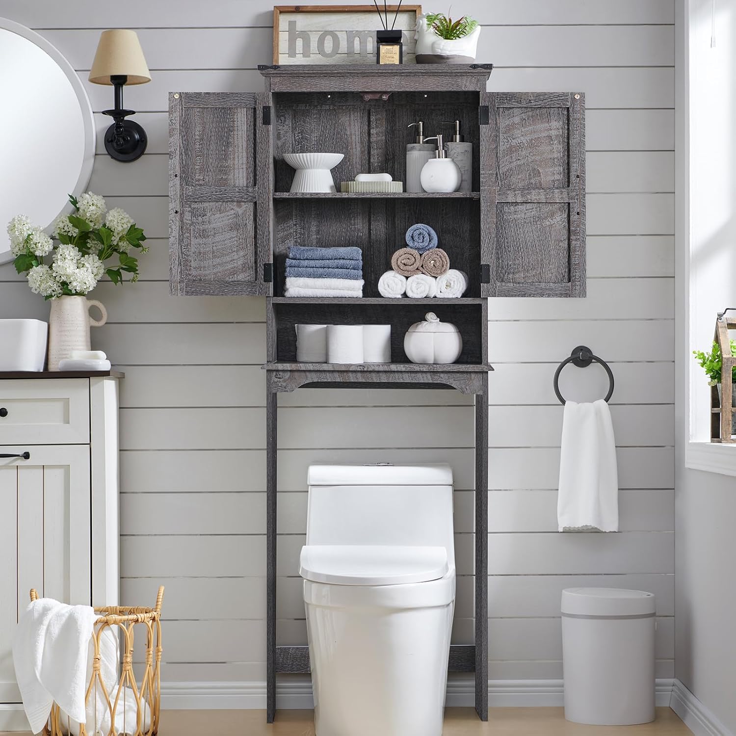 Over The Toilet Storage Cabinet, Farmhouse Bathroom Cabinet with Adjustable Shelf & Barn Door, 67"