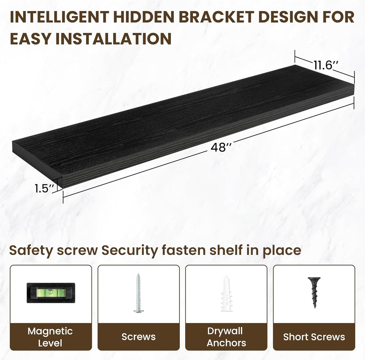 48 Inch Floating Shelves, 12 Inch Deep Floating Shelves for Wall, Floating Shelf with Invisible