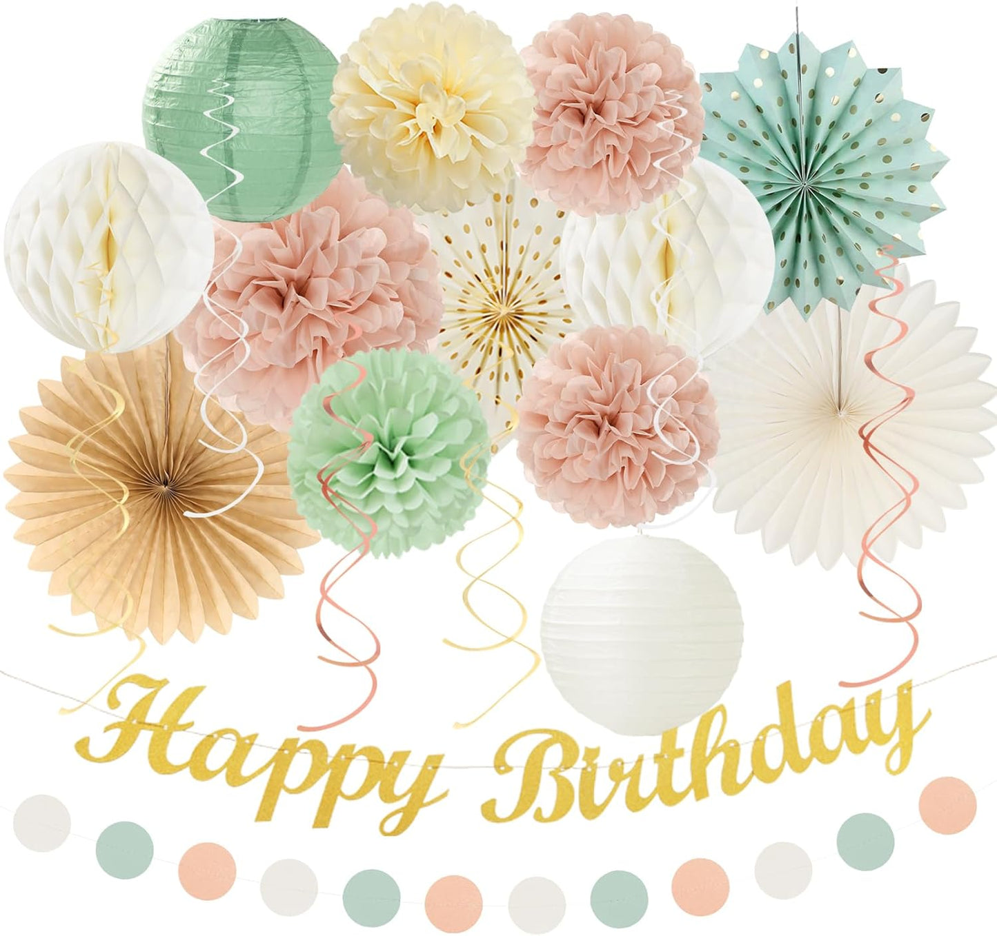 Sage-Green Blush-Pink Beige Birthday Party-Decorations - 21pcs Happy Banner,Cream Light Dusty Pink