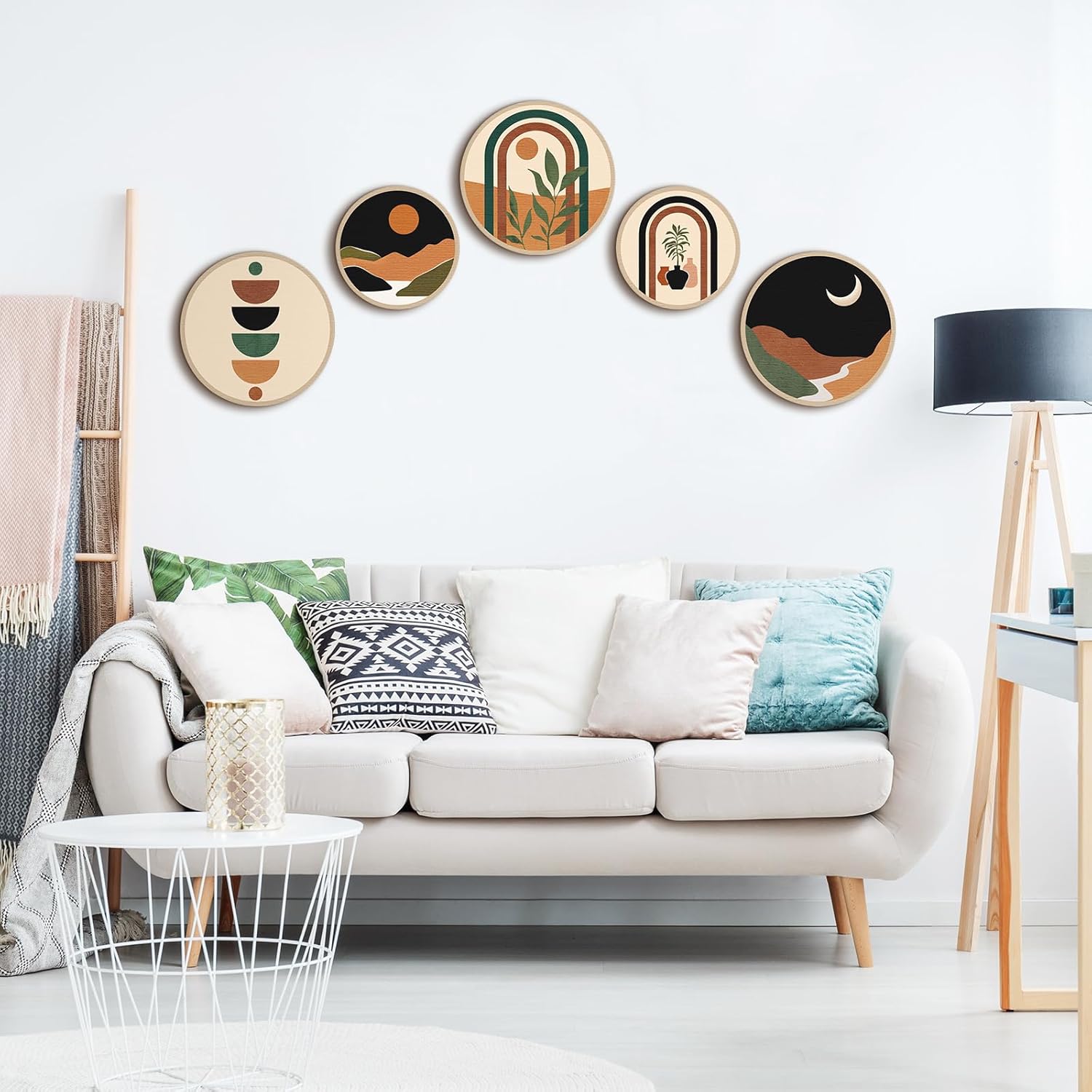 Qunclay 5 Pcs Wall Art Decor Wooden Living Room Wall Decor Bohemian Hanging Farmhouse Geometric