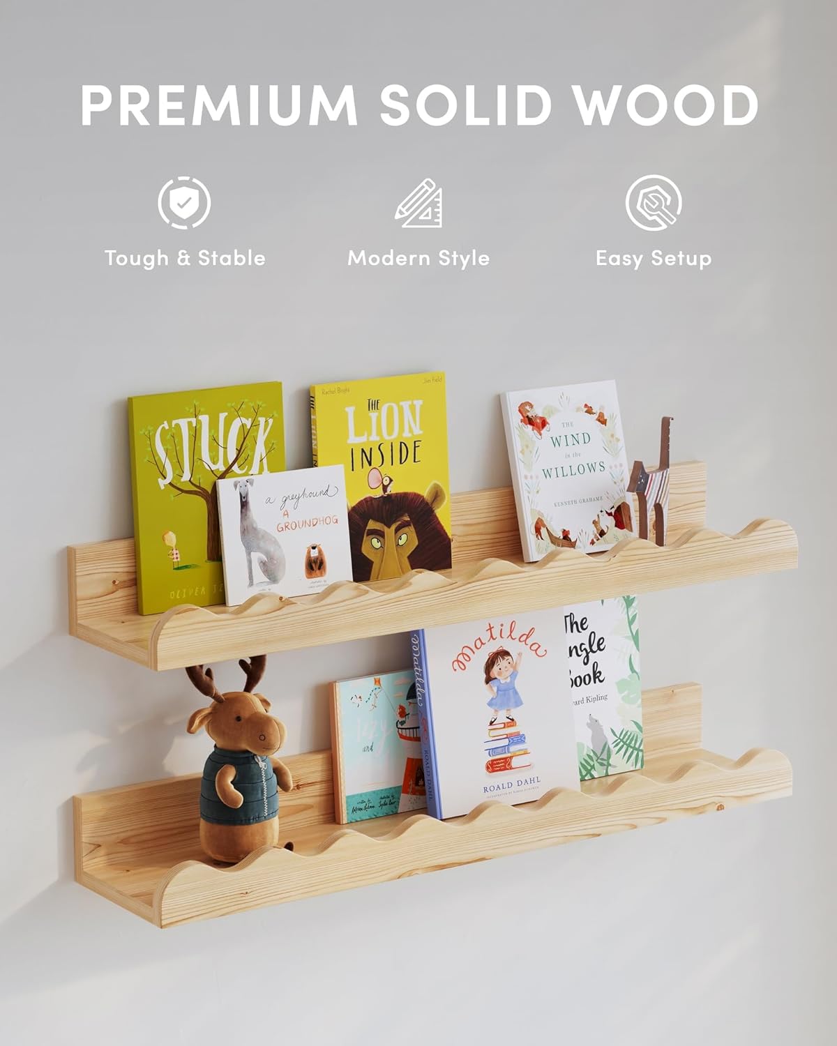Kids' Bookshelf Set of 4 - Wood Floating Nursery Book Shelves, Picture Ledge Shelf for Wall Decor