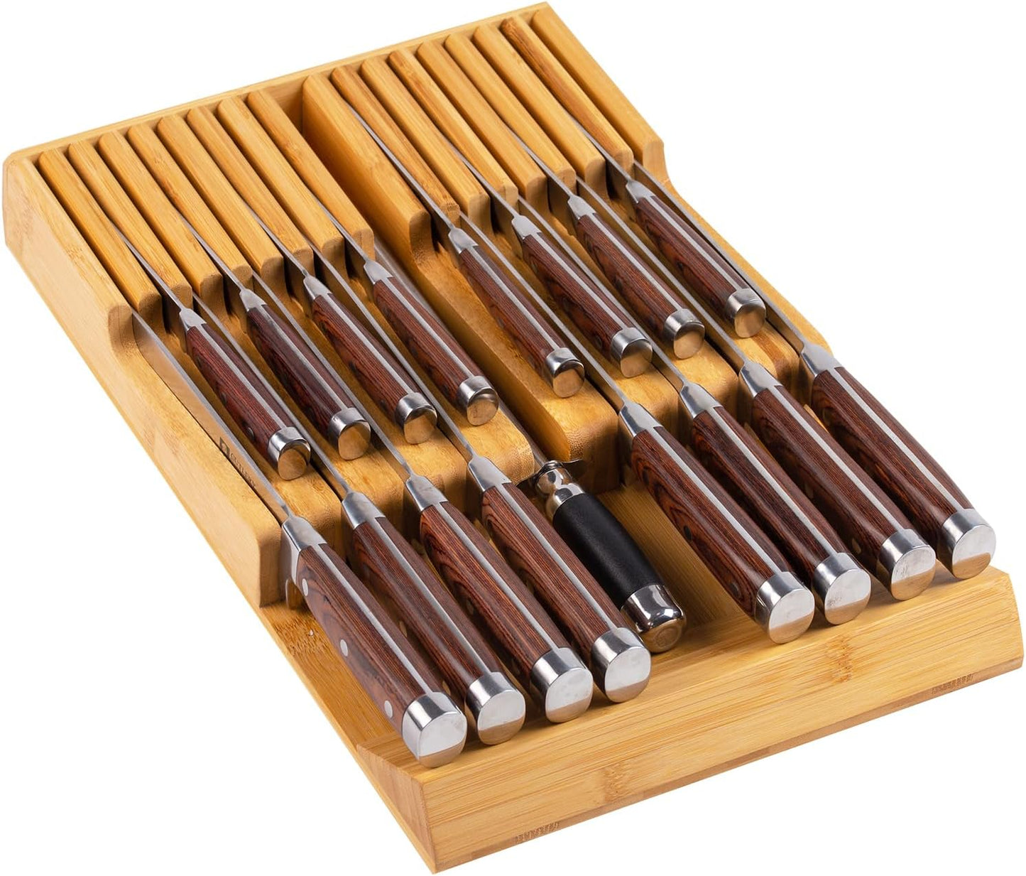 Bamboo Kitchen Drawer Knife Holder, In-drawer Knife Block, Knife Drawer Organizer fit for 16 knives