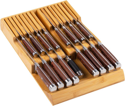 Bamboo Kitchen Drawer Knife Holder, In-drawer Knife Block, Knife Drawer Organizer fit for 16 knives