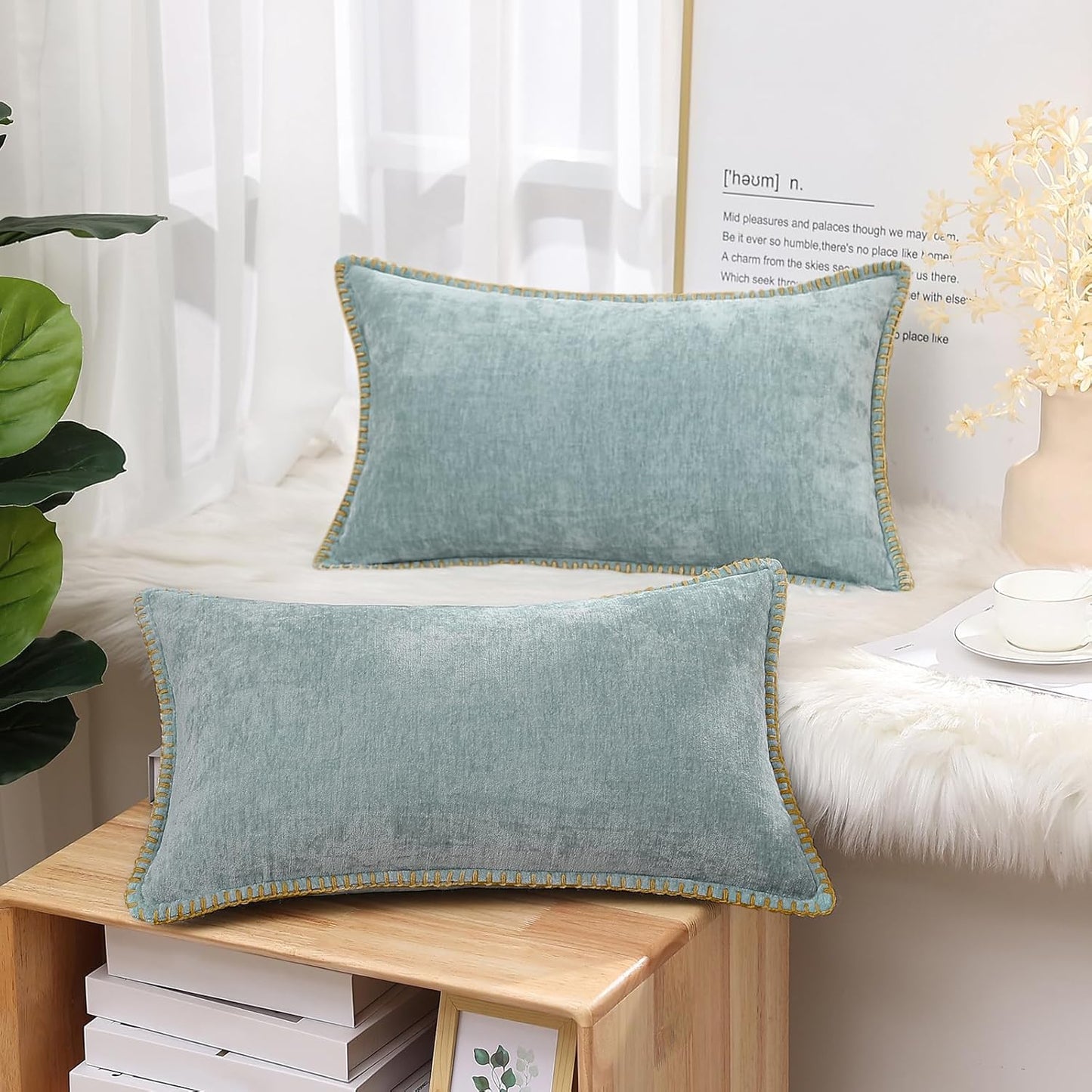 decorUhome Chenille Soft Throw Pillow Covers 12x20 Set of 2, Lumbar Velvet Farmhouse Neutral