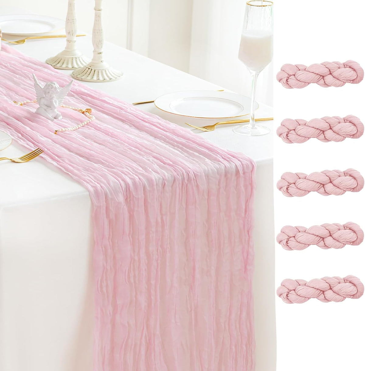 Sioloc 5 Pack Light Pink Cheesecloth Table Runner Fall Autumn Decor for Home 10ft Table Cloth for