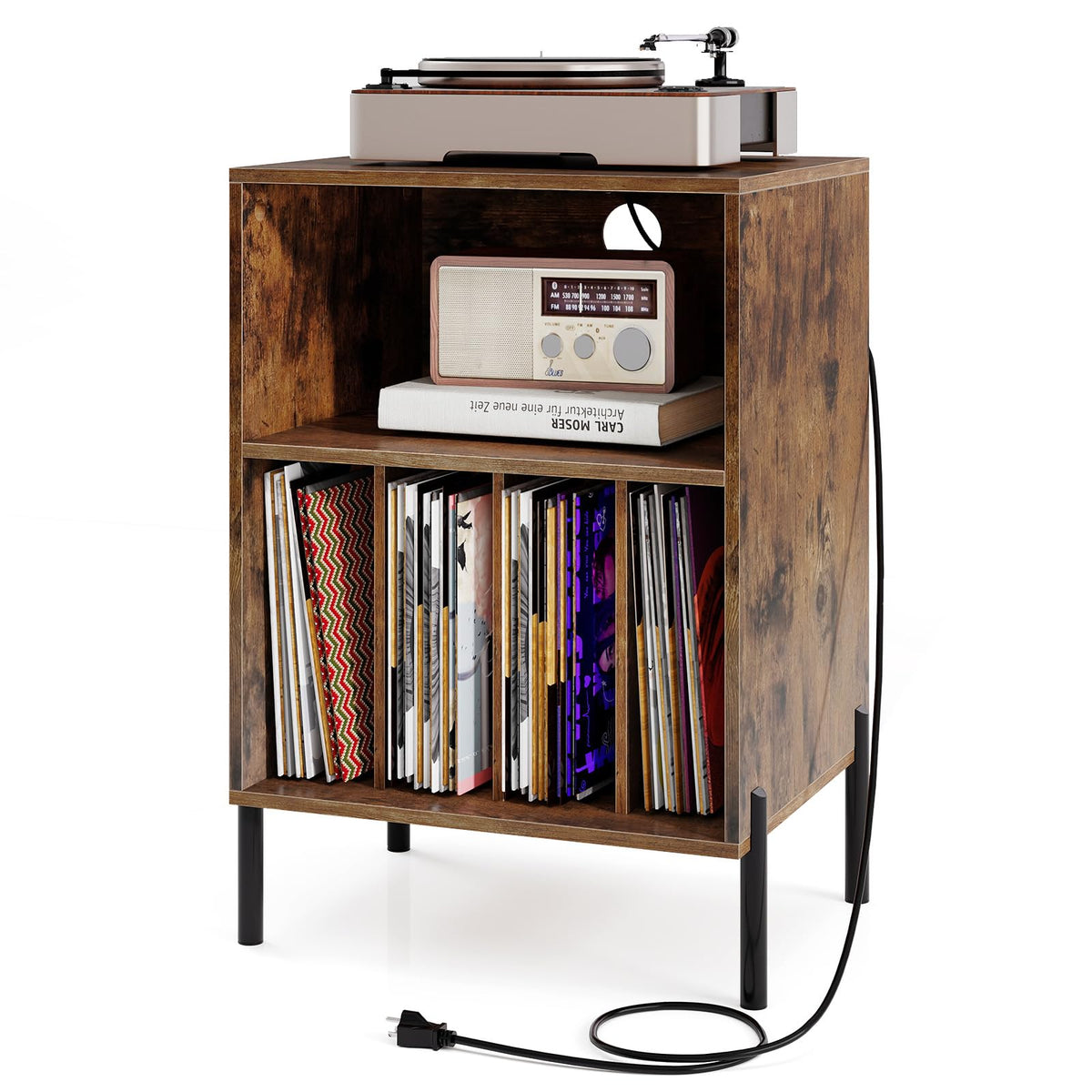 Giantex Record Player Stand with Charging Station, Turntable Stand with Storage Cabinet, Record