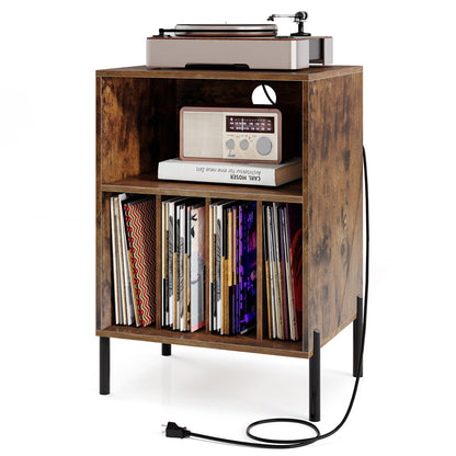 Giantex Record Player Stand with Charging Station, Turntable Stand with Storage Cabinet, Record