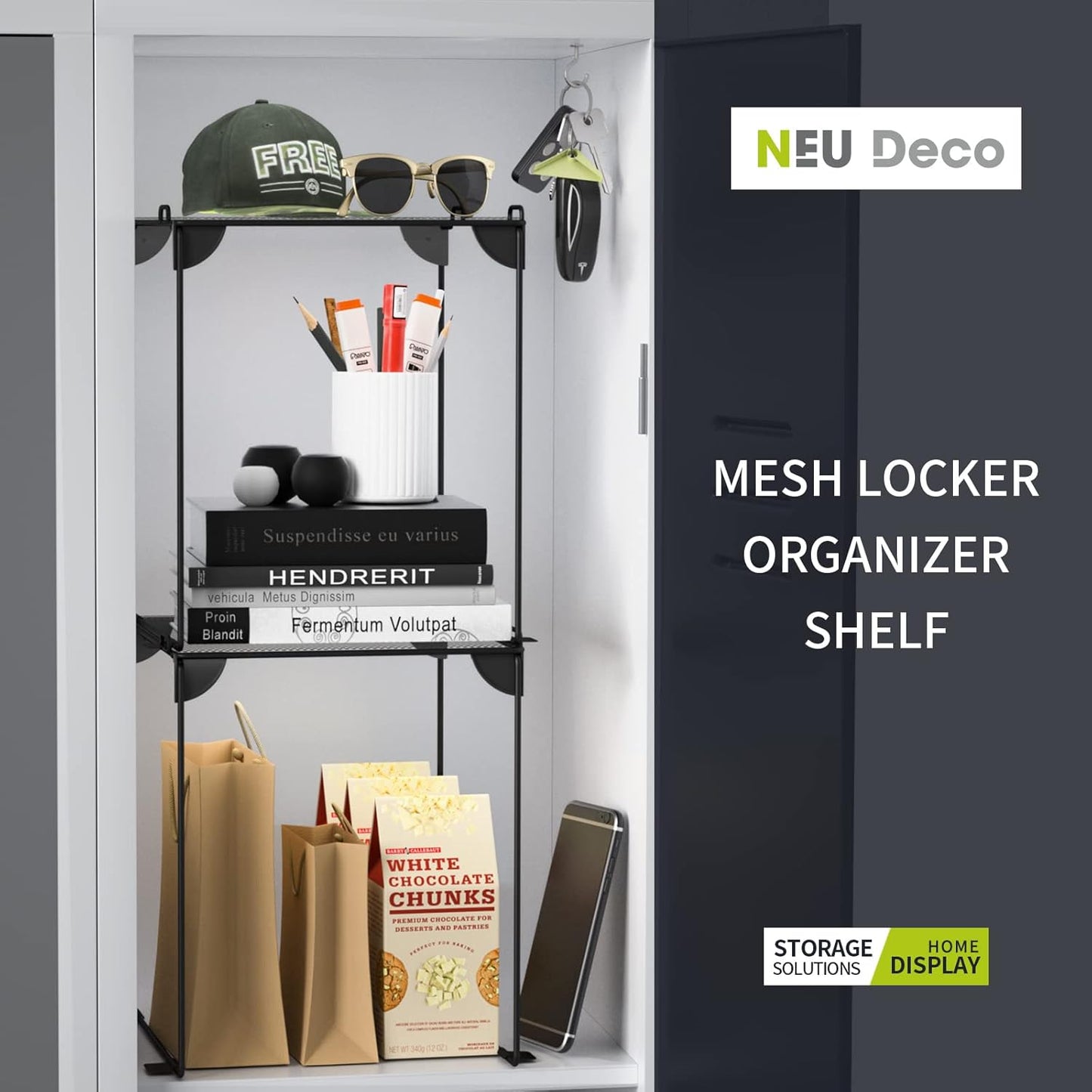 Neudeco Pack 2, Mesh Locker Shelf, Stackable Extra Tall Locker Organizer, Collapsible and Metal