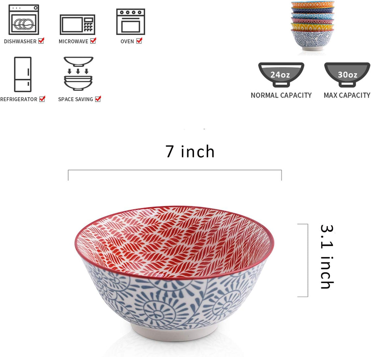 Selamica 7 inches Porcelain Cereal Bowl Set - Set of 6, Ceramic bowls, Soup Bowl Set for Cereal