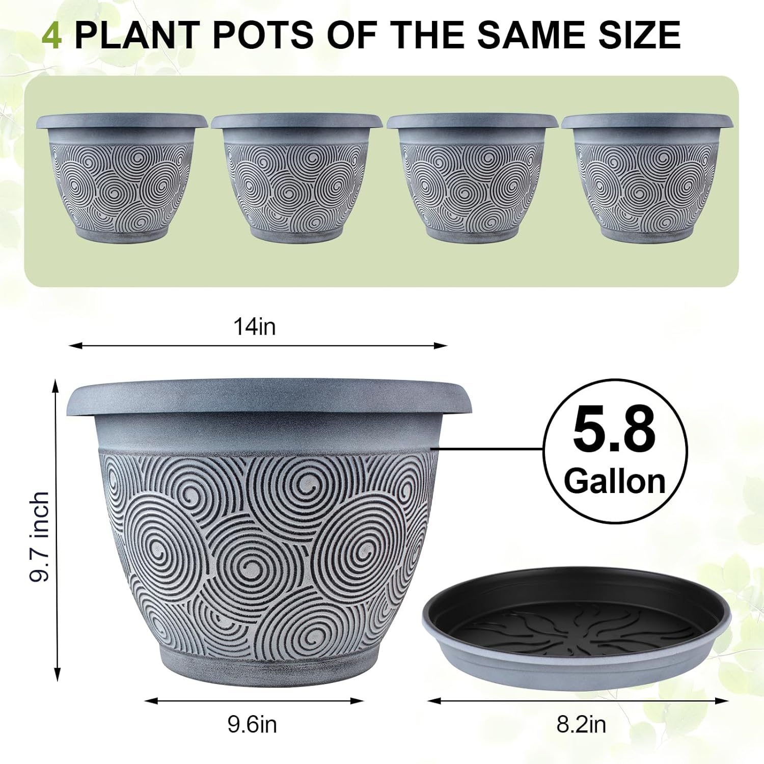14 Inch Large Planter Pot for Plants Indoor Outdoor, 4 Pack Plastic Flower Pots with Drainage Hole