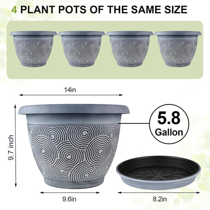 14 Inch Large Planter Pot for Plants Indoor Outdoor, 4 Pack Plastic Flower Pots with Drainage Hole