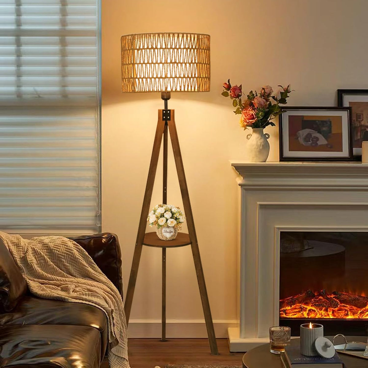 Boho Tripod Floor Lamps for Living Room, Rattan Wood Floor Lamp with Fabric Shades, Mid Century