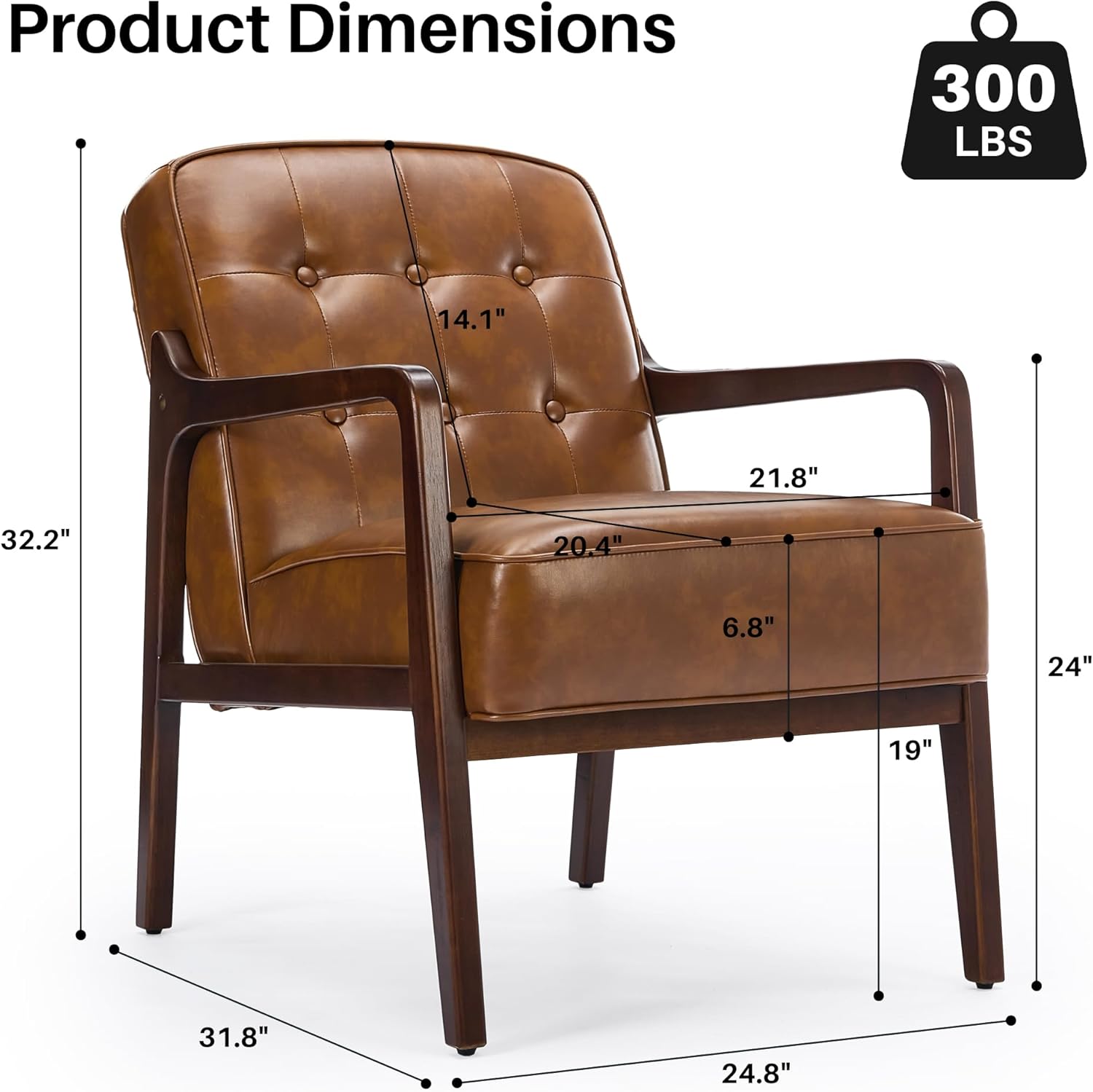 Faux Leather Accent Chair, Mid Century Modern Chair for Living Room, Upholstered Comfy Lounge