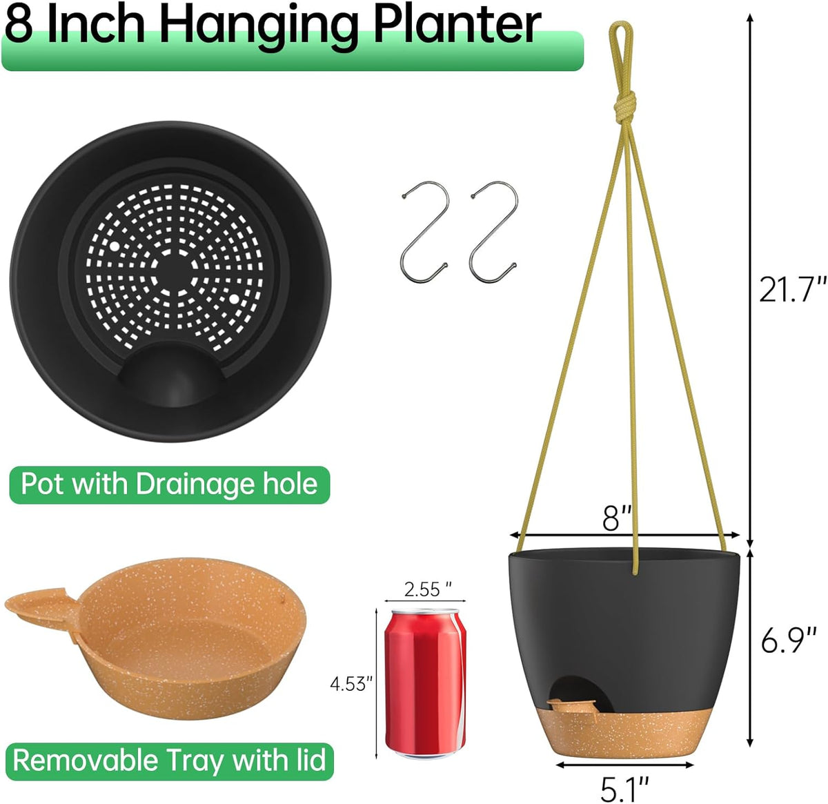 ZMTECH 8 Inch Hanging Planters for Indoor Outdoor Plants, 2 Pack Self Watering Hanging Plant Pots