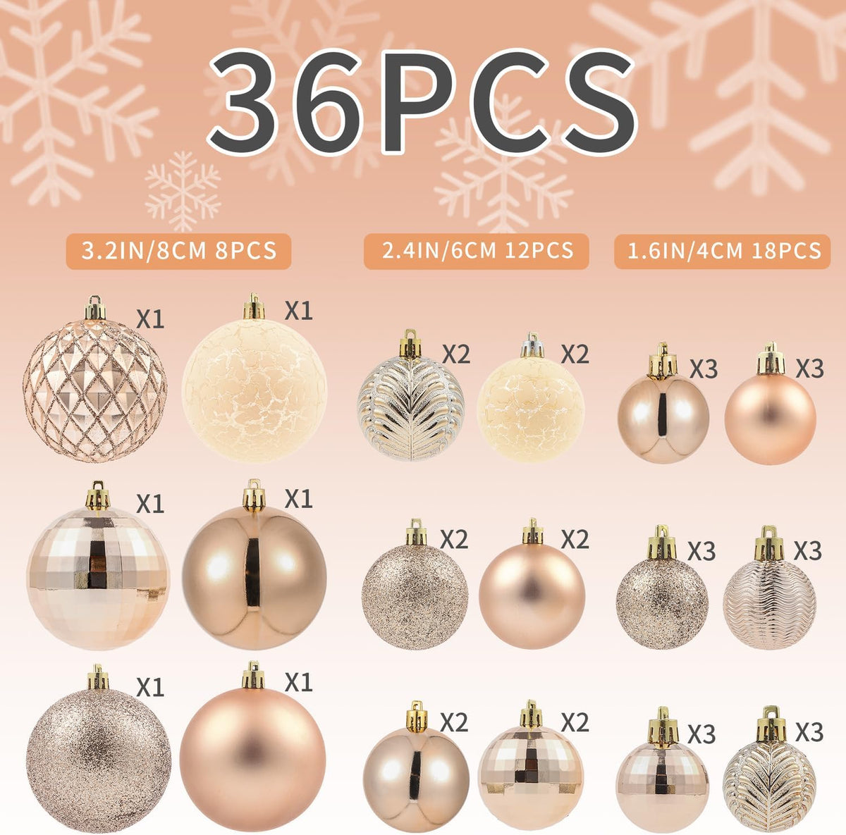 LANGXUN 36pcs Champagne Gold Christmas Tree Decorations Balls, Bolas De Navidad, 2025 Christmas