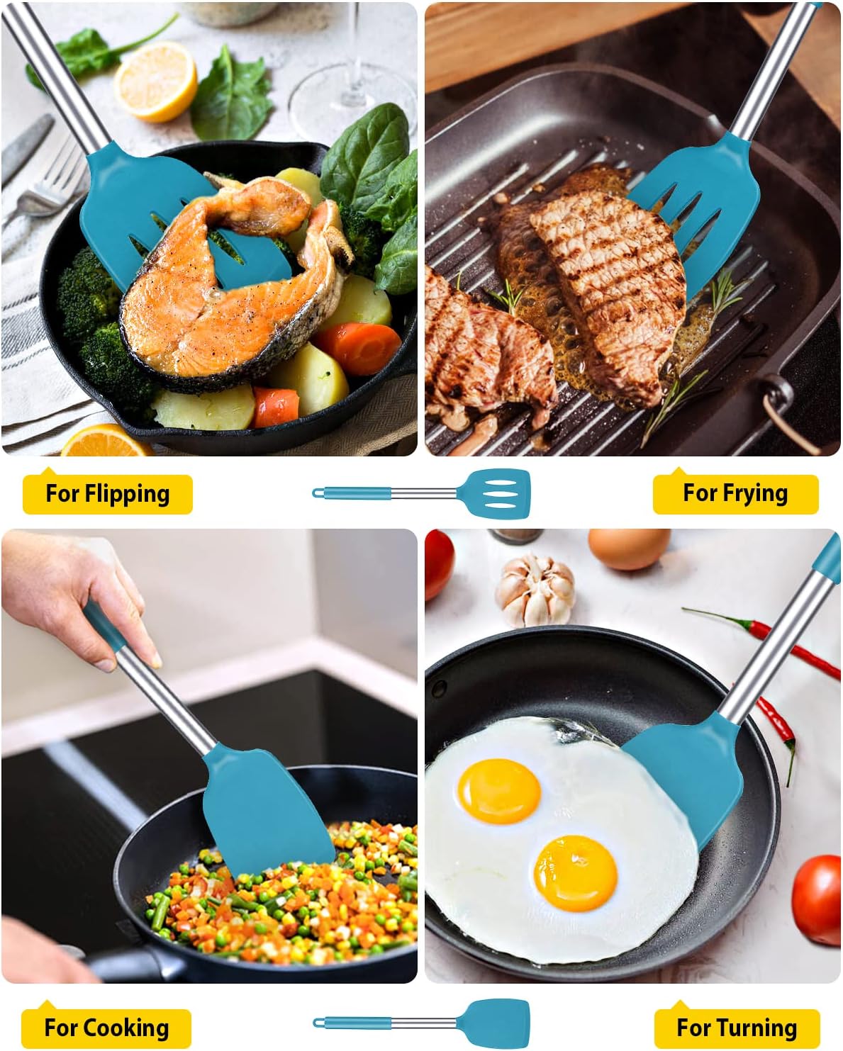Pack of 2 Silicone Solid Turner, Non Stick Slotted Kitchen Spatulas, High Heat Resistant BPA Free