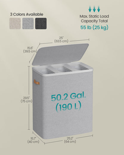 SONGMICS Laundry Basket, 50.2 Gal. Laundry Hamper, 3 Compartments, Easy Assembly, with Lid and