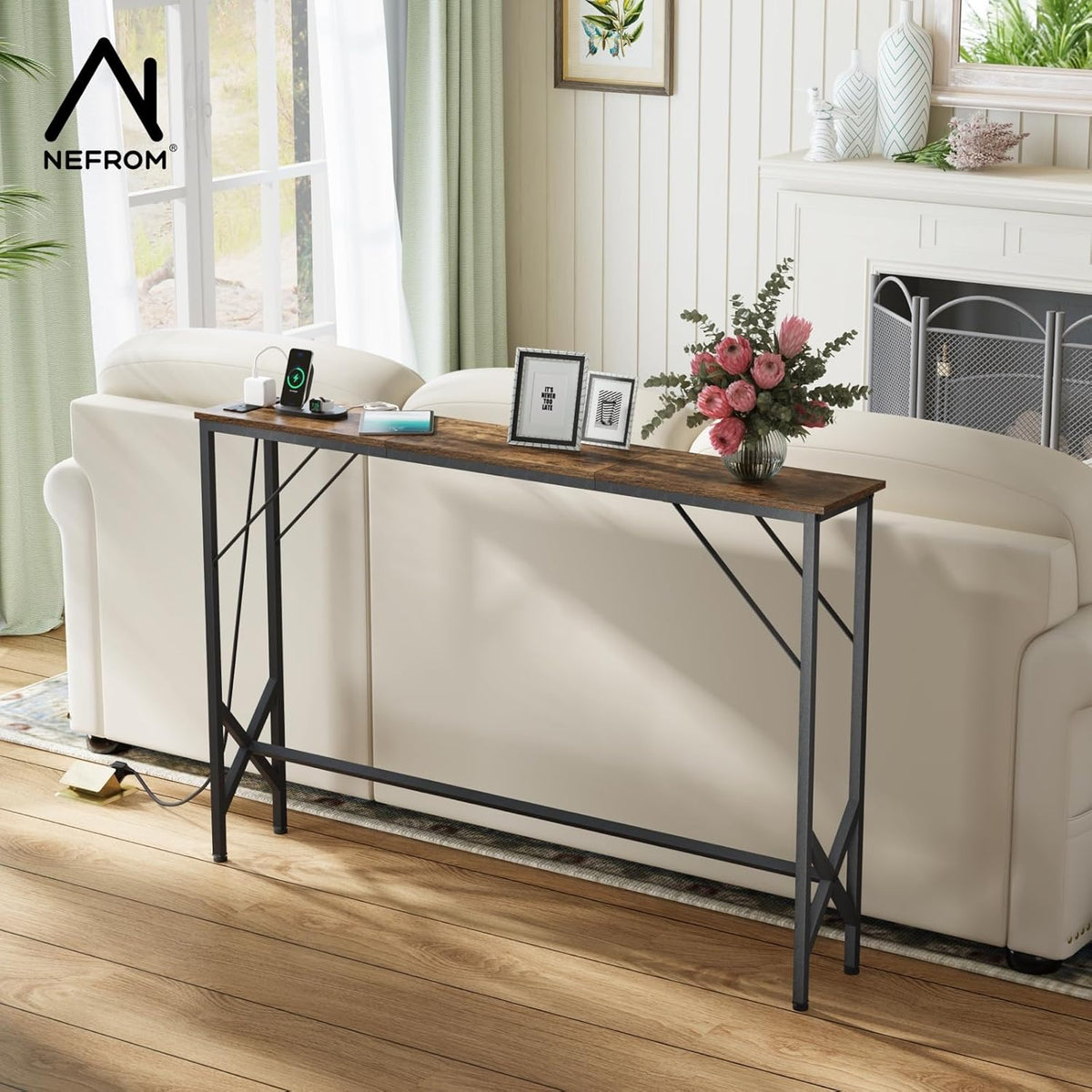 47.2'' Console Table, Skinny Entryway Table with Fast-Charging Station, Narrow Long Sofa Table