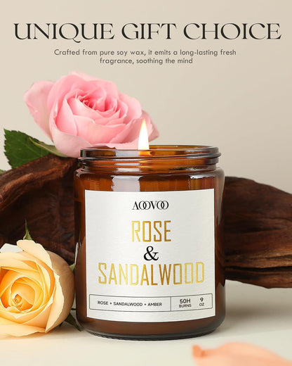AOOVOO Rose Sandalwood Candles - 9 oz Scented Candles, Aromatherapy Candle, Soy Candle for Home