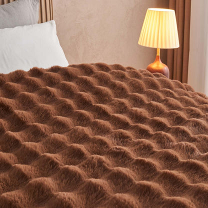 Lotus Karen Faux Fur Throw Blanket Dark Coffee - Big Bubble Rabbit Fluff Blanket for Couch Bed