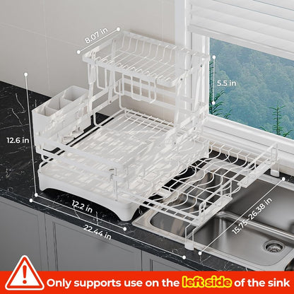 2 Tier Large Dish Drying Rack - Extendable Dish Rack, 2-in-1 Anti-Rust Stainless Steel Dishrack for