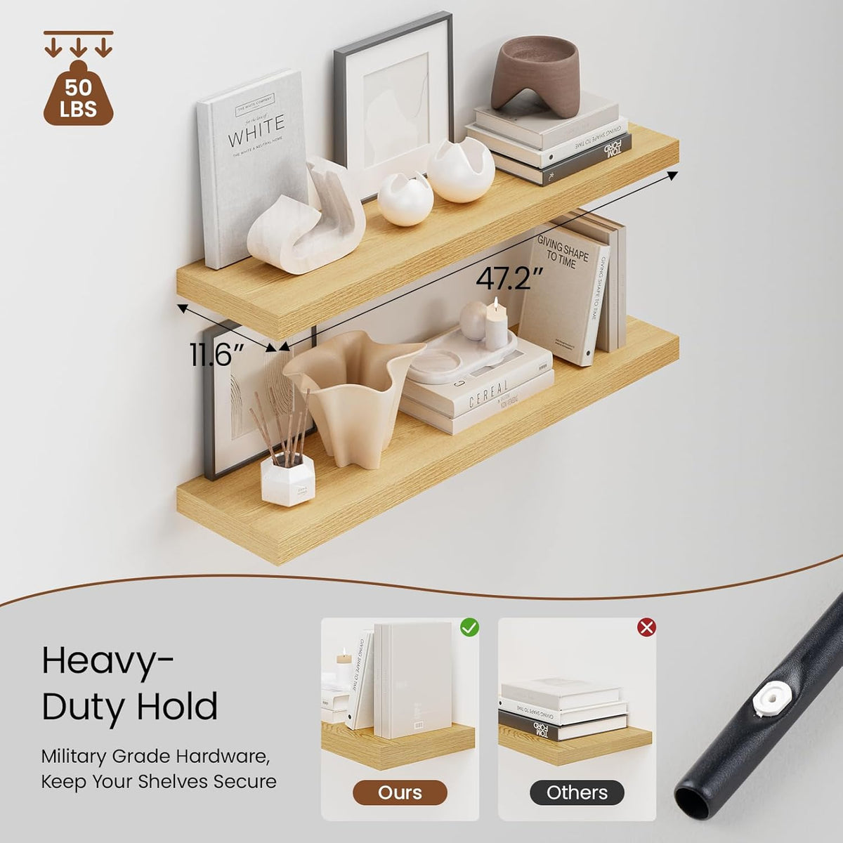 Heimlove 48W x 12D Long Floating Shelf, 12 Inch Deep Floating Shelves for Wall Set of 2, Wood