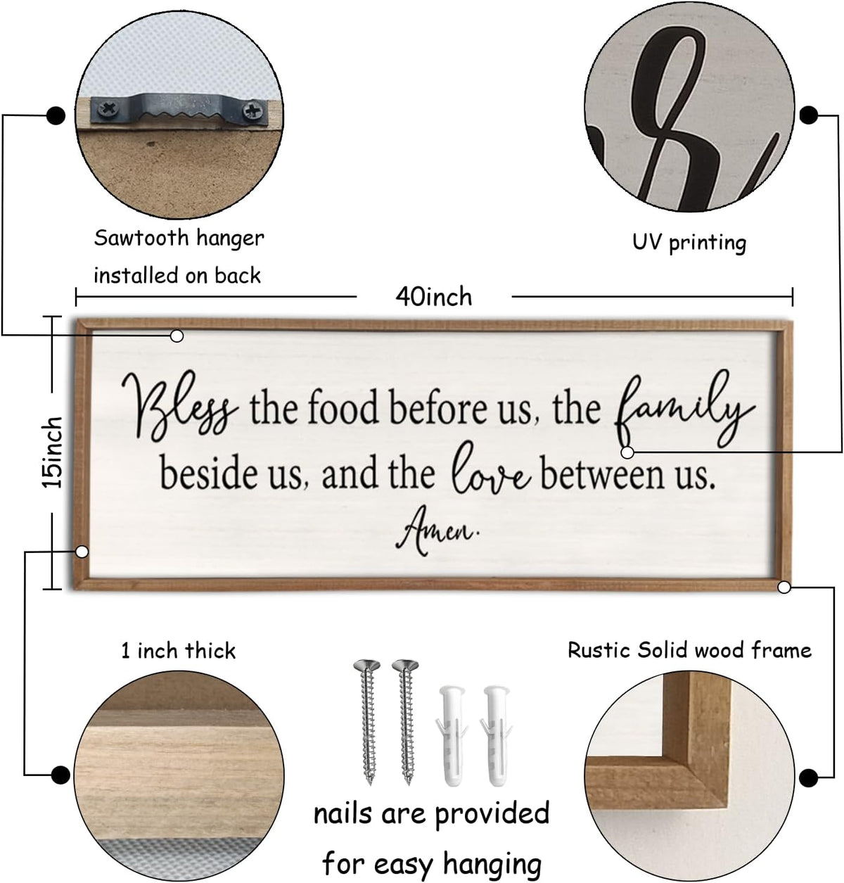 Bless the Food Before Us Sign Wall Decor 40"X15" Large Farmhouse Dining Room Wall Decor Framed Wood