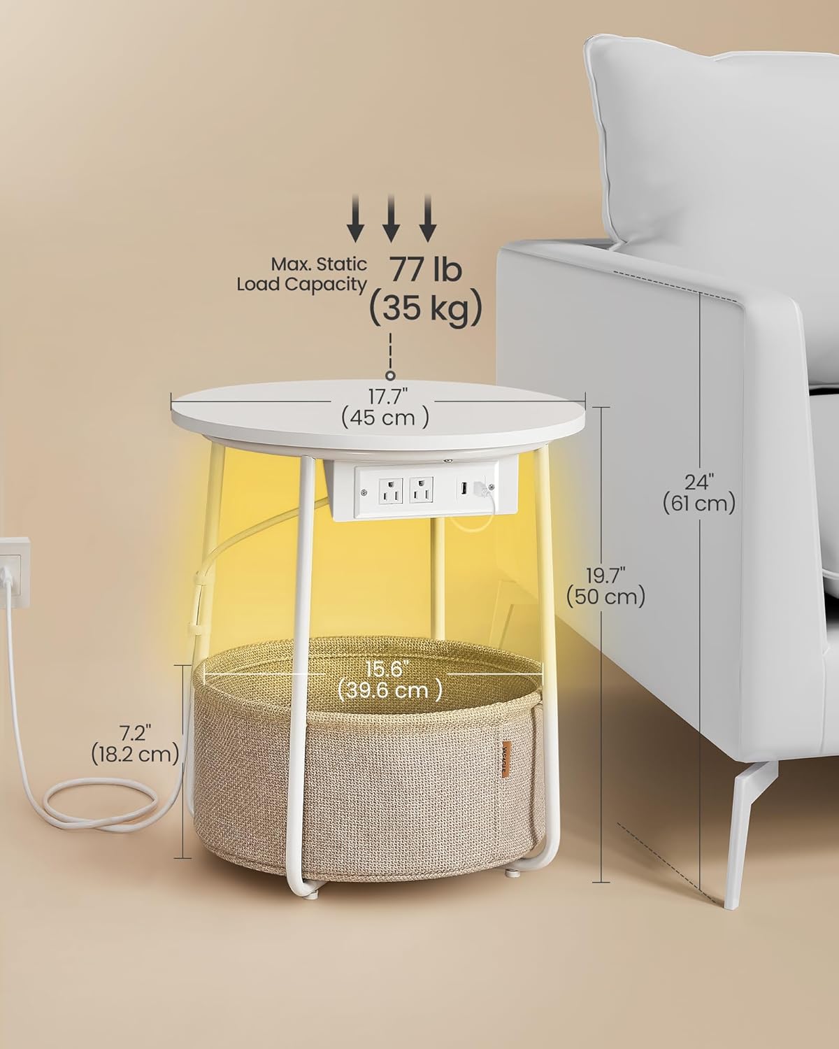 VASAGLE Side Table with Charging Station, Round End Table with Fabric Basket, LED Nightstand with