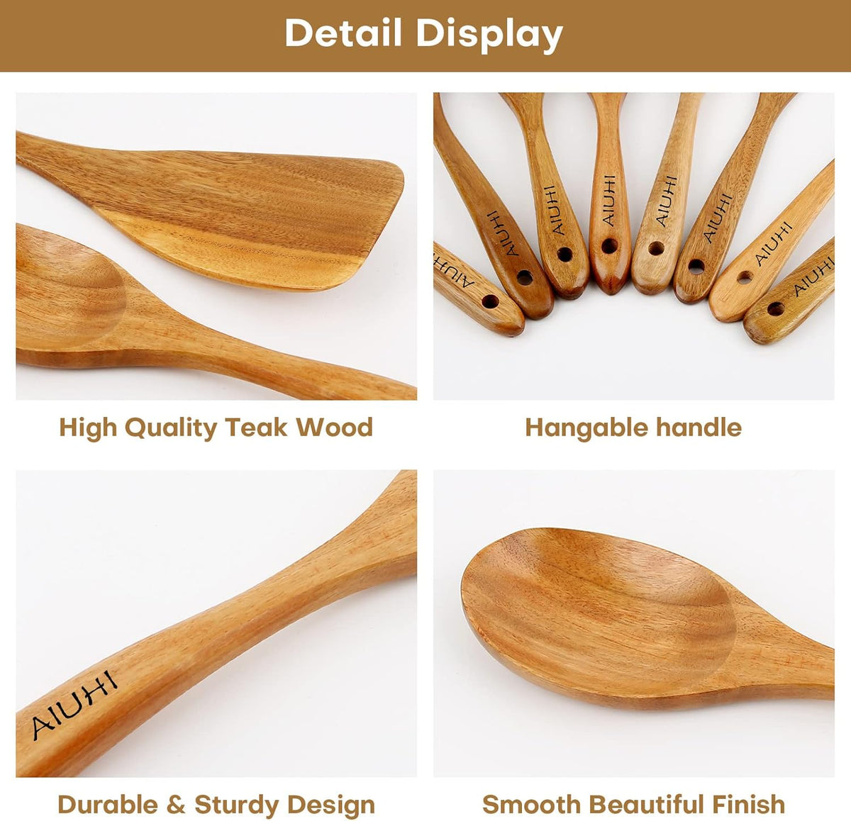 AIUHI Wood Spoons for Cooking, Nonstick Kitchen Utensil Set, Wooden Spoons Cooking Utensil Set Non