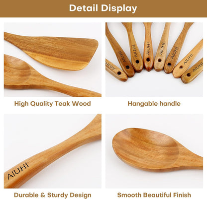 AIUHI Wood Spoons for Cooking, Nonstick Kitchen Utensil Set, Wooden Spoons Cooking Utensil Set Non