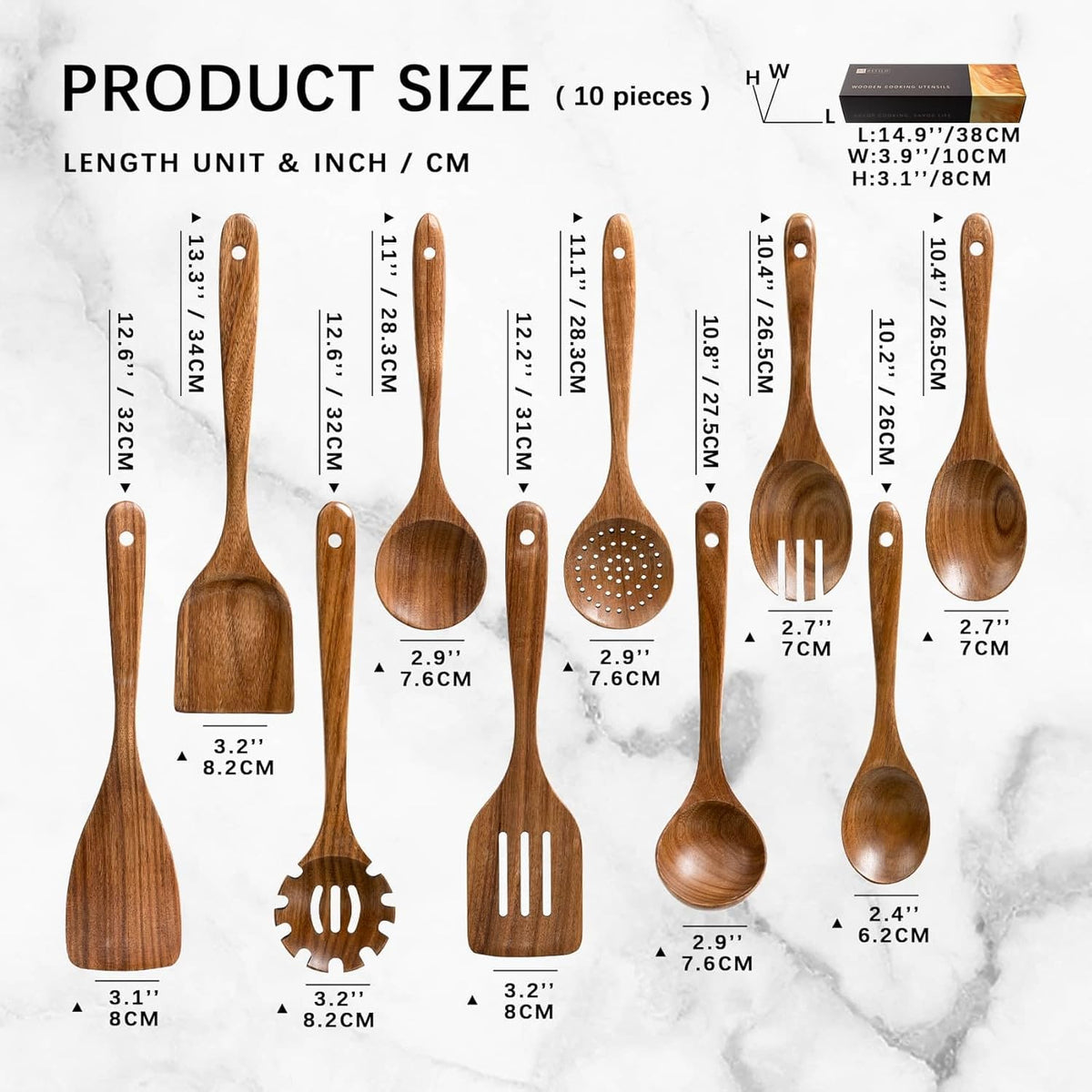 Wooden Spoons for Cooking, Nonstick Cooking Utensil Set with 10 Piece Acacia Wooden Spatulas and