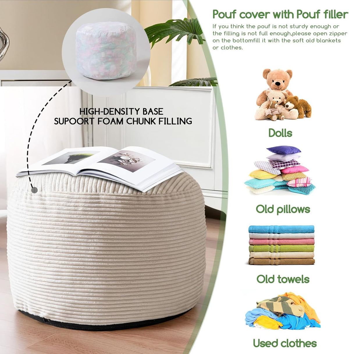 HIGOGOGO Round Stuffed Pouf Ottoman, Corduroy Poufs with Foam Chunk Filling, Furry and Fluffy Pouf