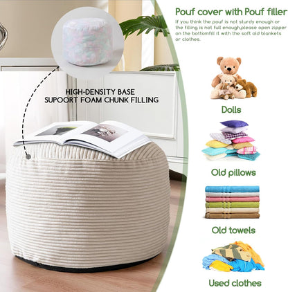 HIGOGOGO Round Stuffed Pouf Ottoman, Corduroy Poufs with Foam Chunk Filling, Furry and Fluffy Pouf