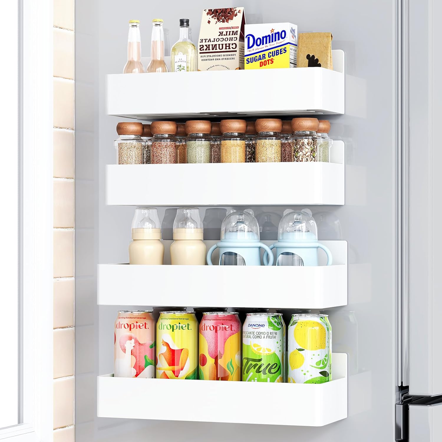 Magnetic Spice Rack for Refrigerator, Kitchen Organizer and Storage Shelf, White (4 Pack)…