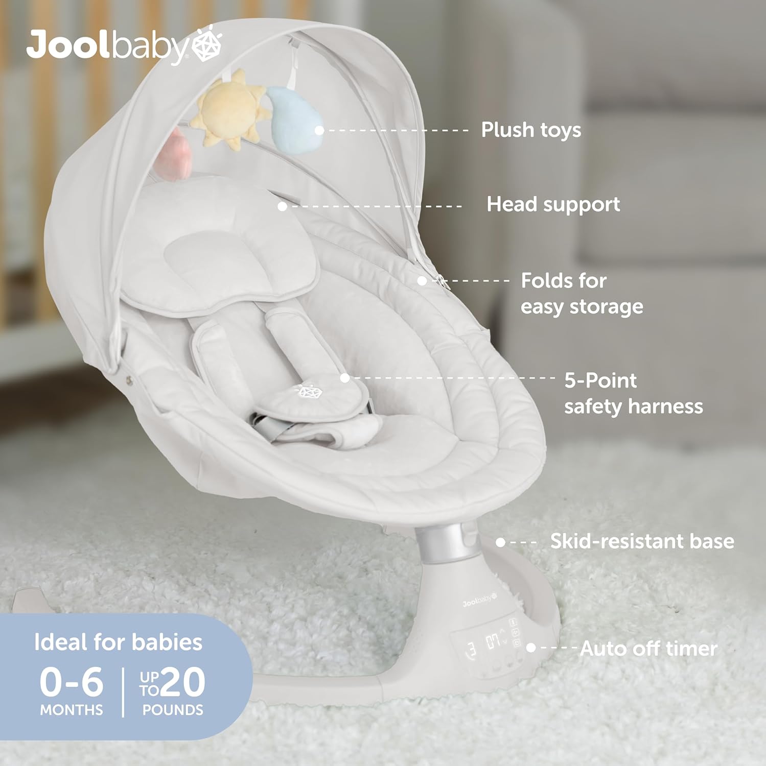 Jool Baby Nova Swing for Newborns - Electric Motorized Infant Swing, Bluetooth Music, 10 Preset
