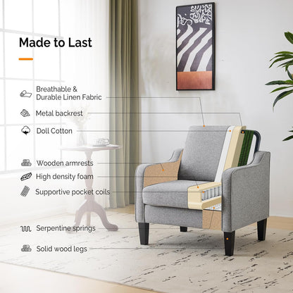 VINGLI Accent Chairs Set of 2 Gray Living Room Chairs Reading Chair for Bedroom Scooped Arm Chair
