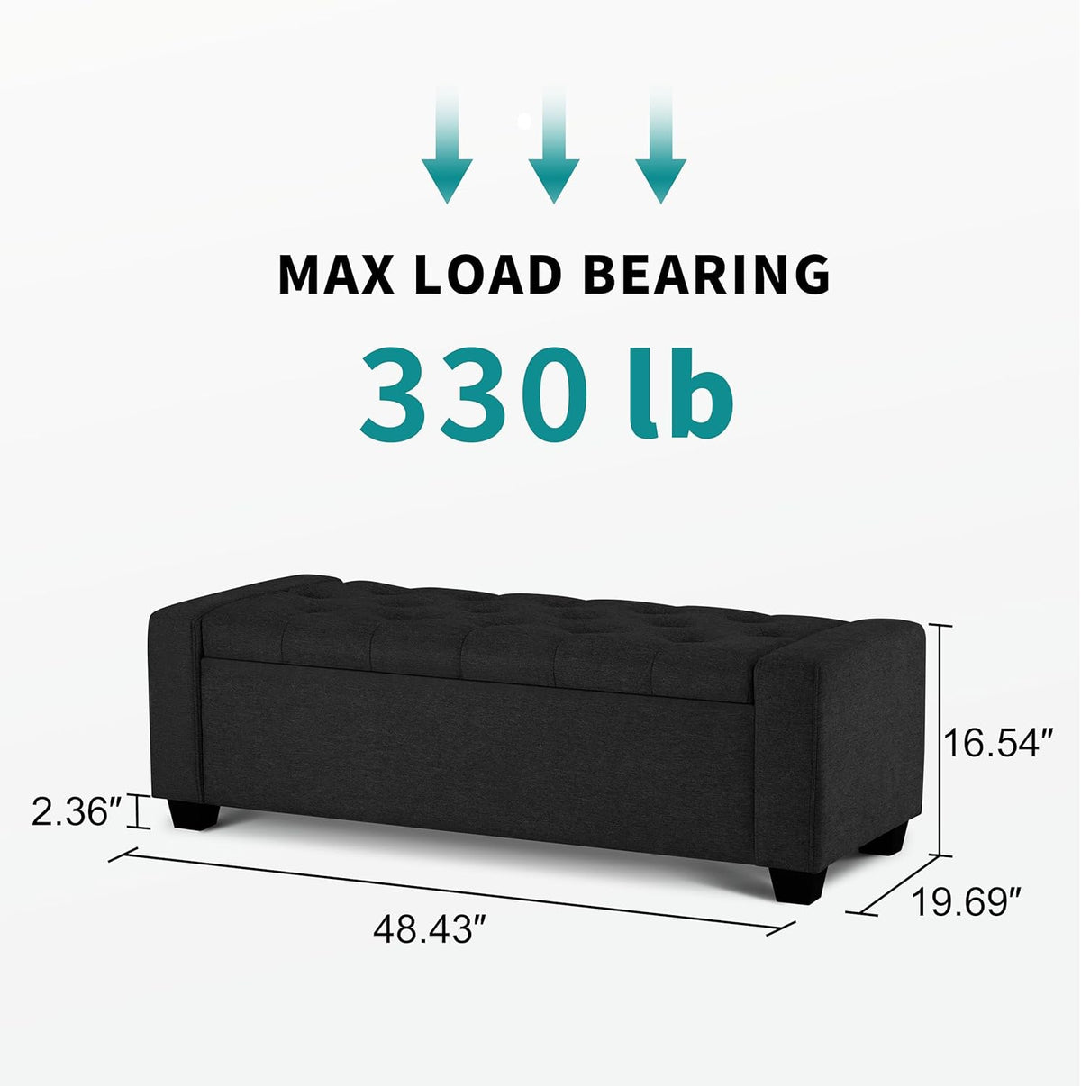 48" Ottoman with Storage, Black Storage Ottoman Bench with Safety Hinge, Upholstered Entryway Bench