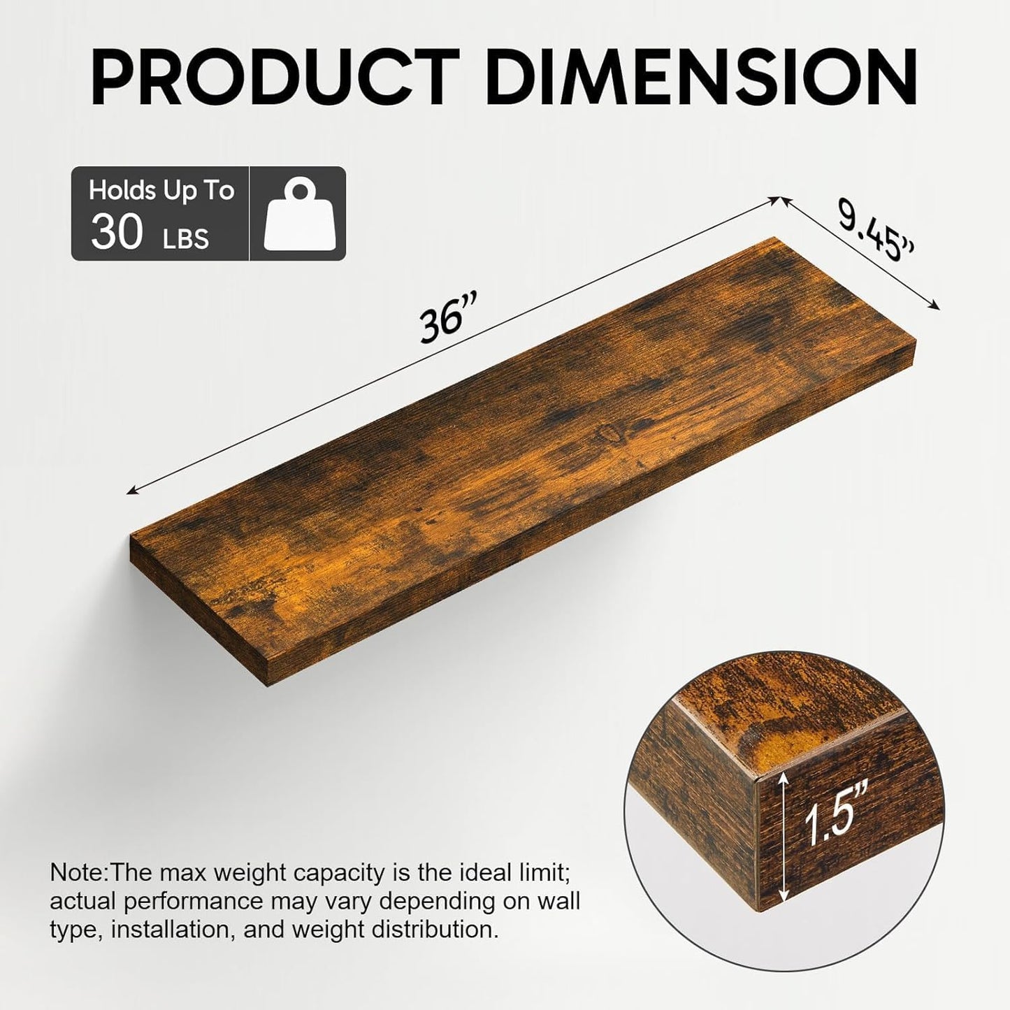 BAYKA Floating Shelves for Wall, 36 inches Wall Mounted Rustic Wood Shelves for Bathroom, Bedroom