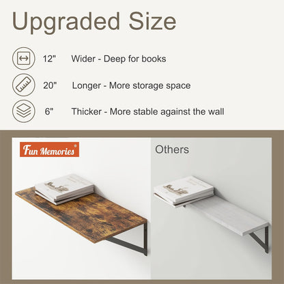 Fun Memories 20 Inch Floating Shelves, Deep Wall Shelves for Kitchen, 20 x 12 Floating Shelf for