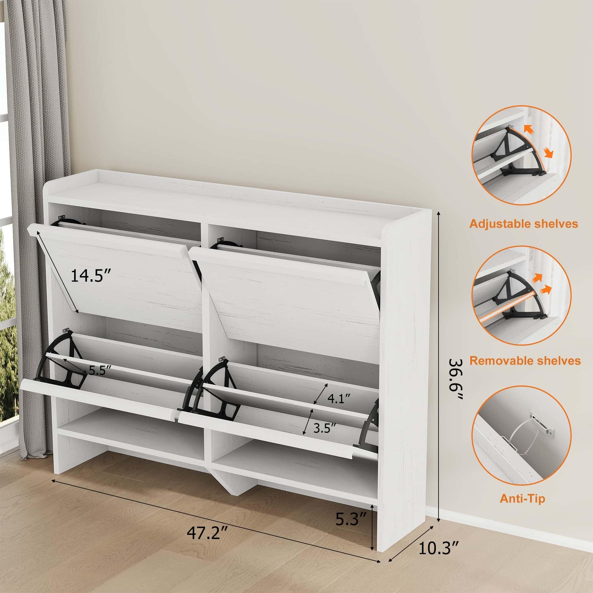 GarveeHome Shoe Cabinet with 4 Flip Drawers, Wooden Shoe Organizer Cabinet with Adjustable Shelf