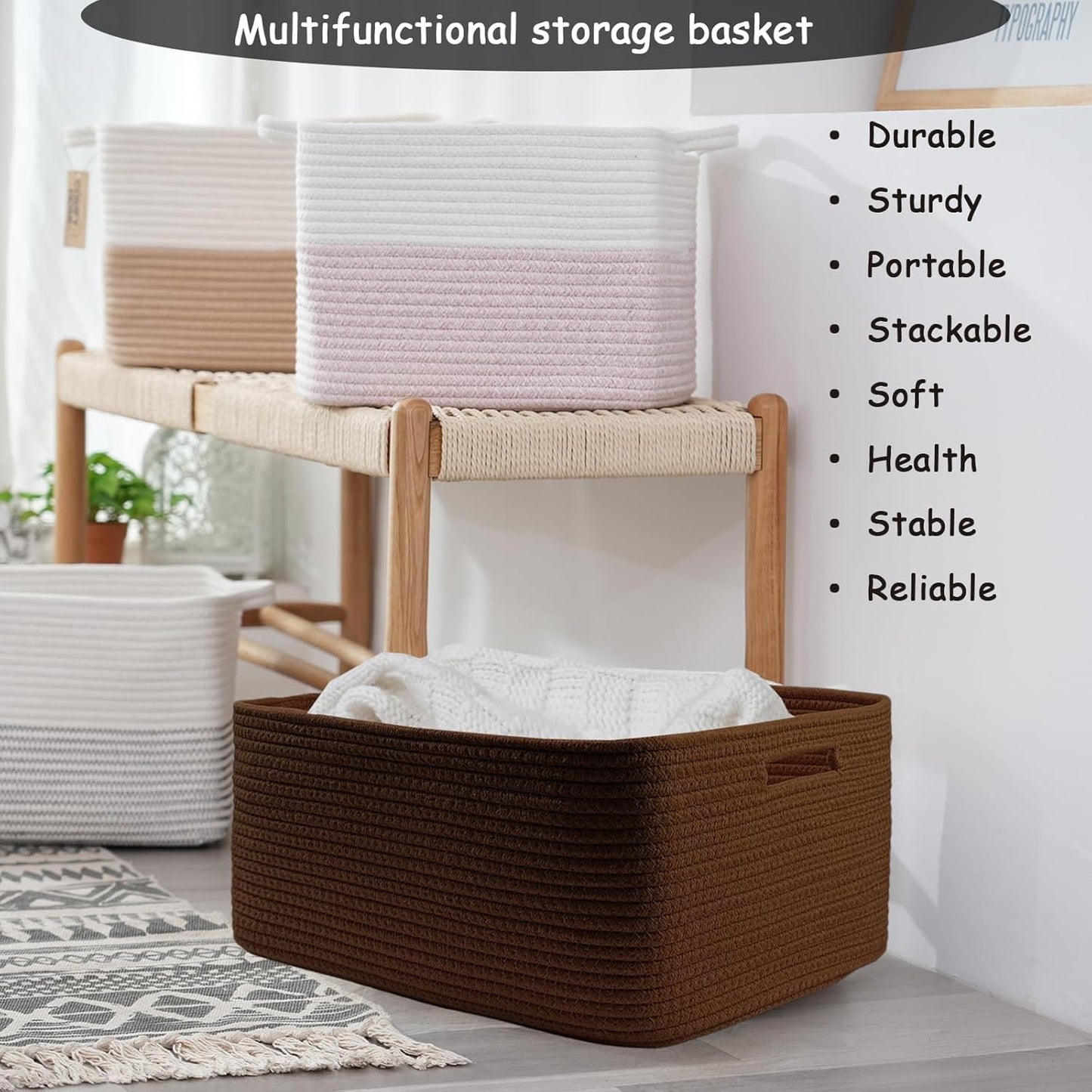COMFY-HOMI Cotton Rope Woven Basket with Handles for Shelves,Toys,Book, Cloth Storage Baskets for