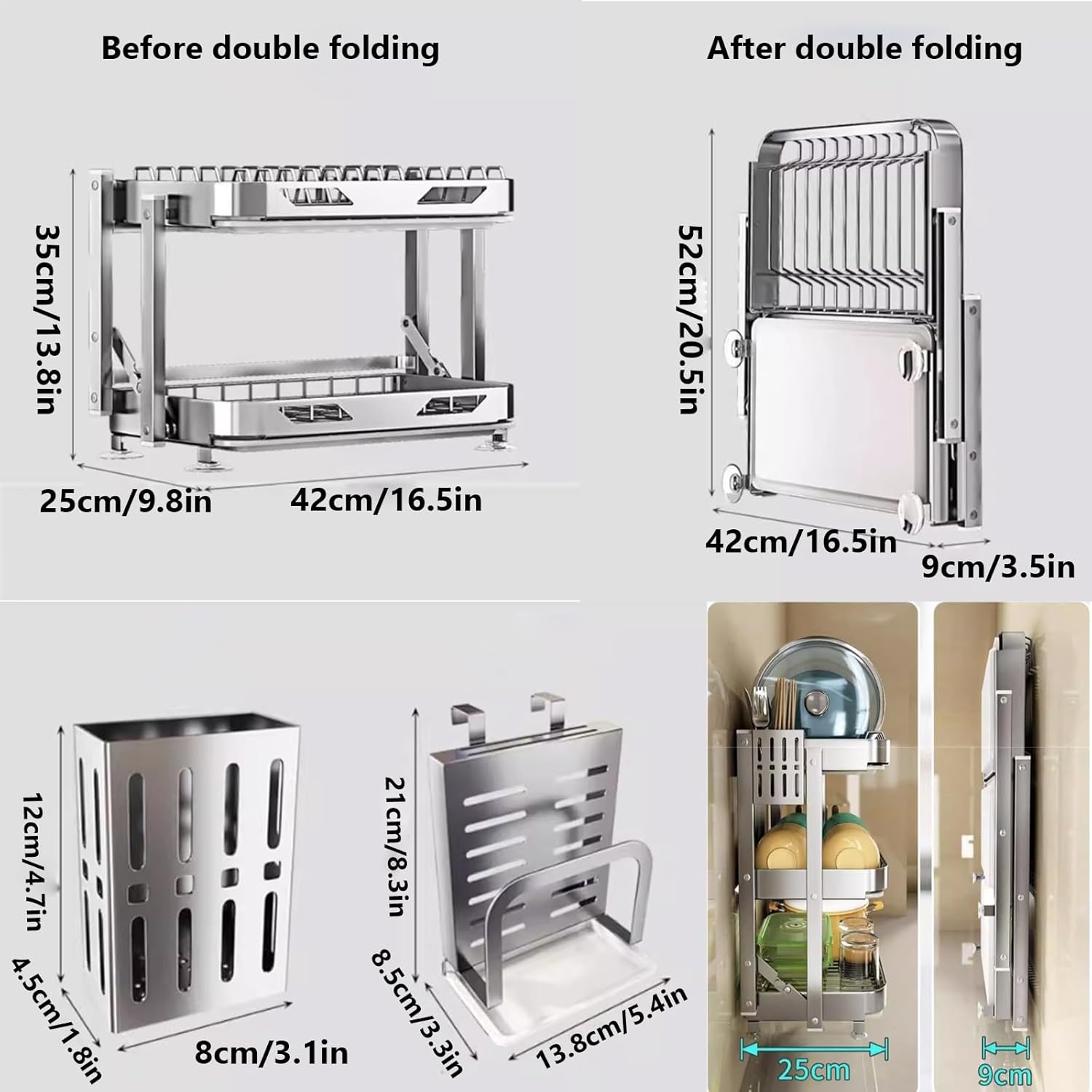 Dish Drying Rack with Drain Board - Rustproof Stainless Steel Dish Rack with Utensil Holder,Dish