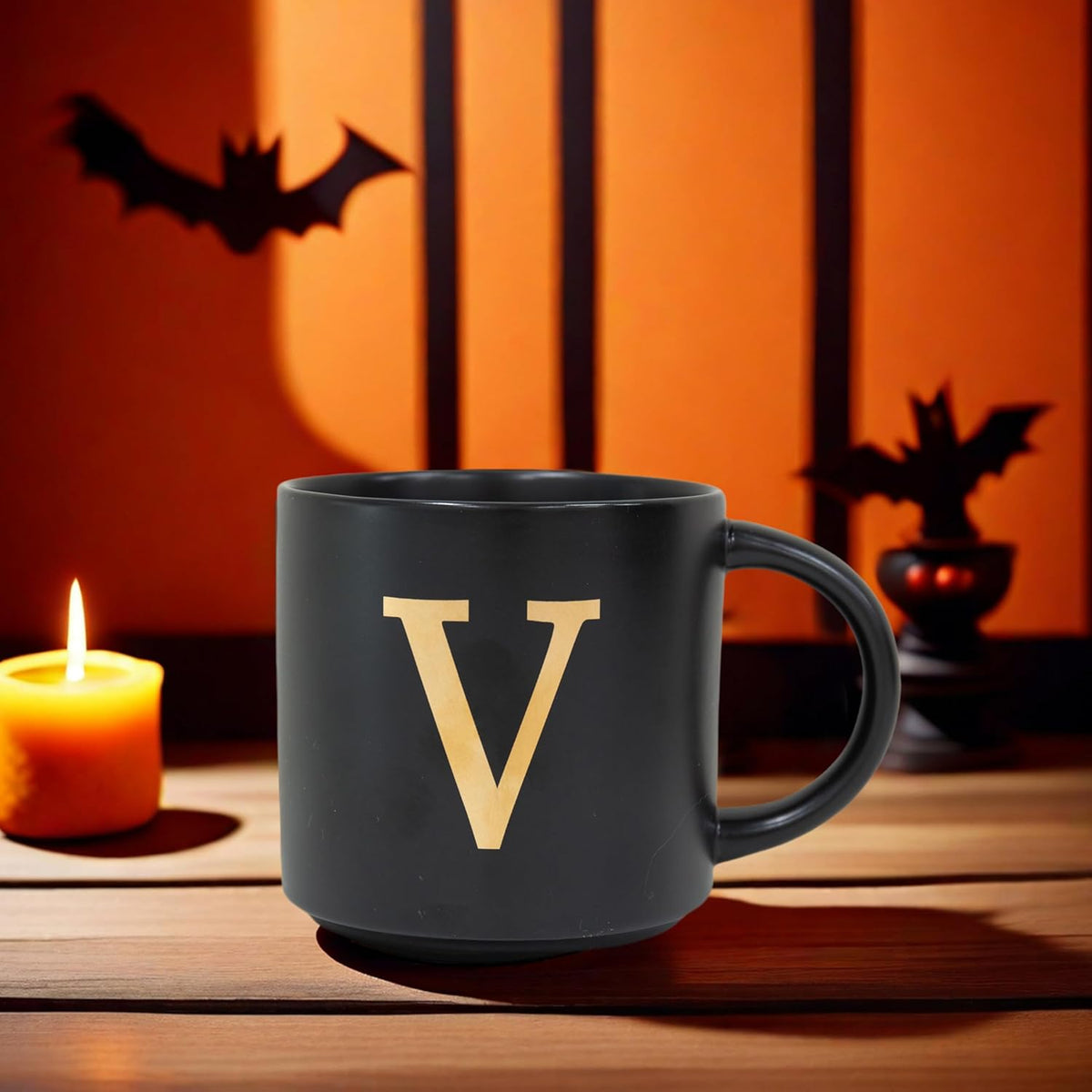 COLLECTIVE HOME - Monogram Ceramic Mugs, 15 oz Golden Initial Black Coffee Cups, Elegant Alphabet