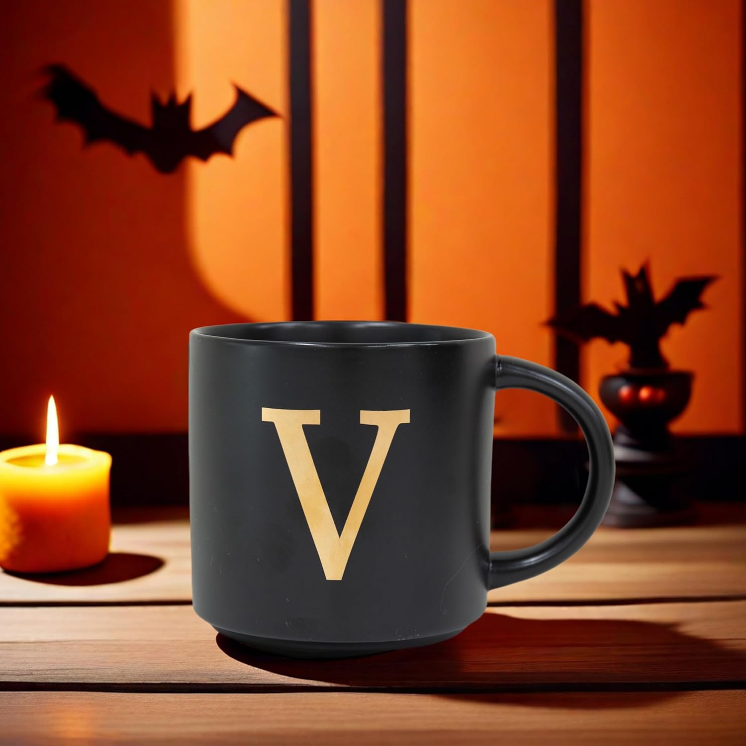 COLLECTIVE HOME - Monogram Ceramic Mugs, 15 oz Golden Initial Black Coffee Cups, Elegant Alphabet